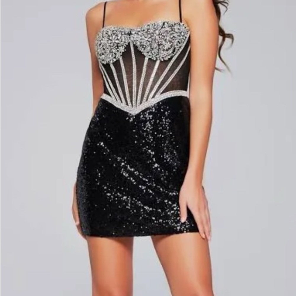 Jovani Black and Silver Sequin Mini Dress